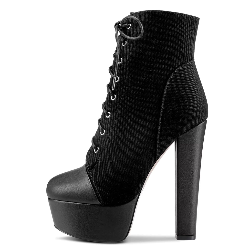 NobleOnly Women Chunky Block Platform High Heel Round Toe Lace-up Zipper Ankle Boots Short Bootie Classic Shoes Black