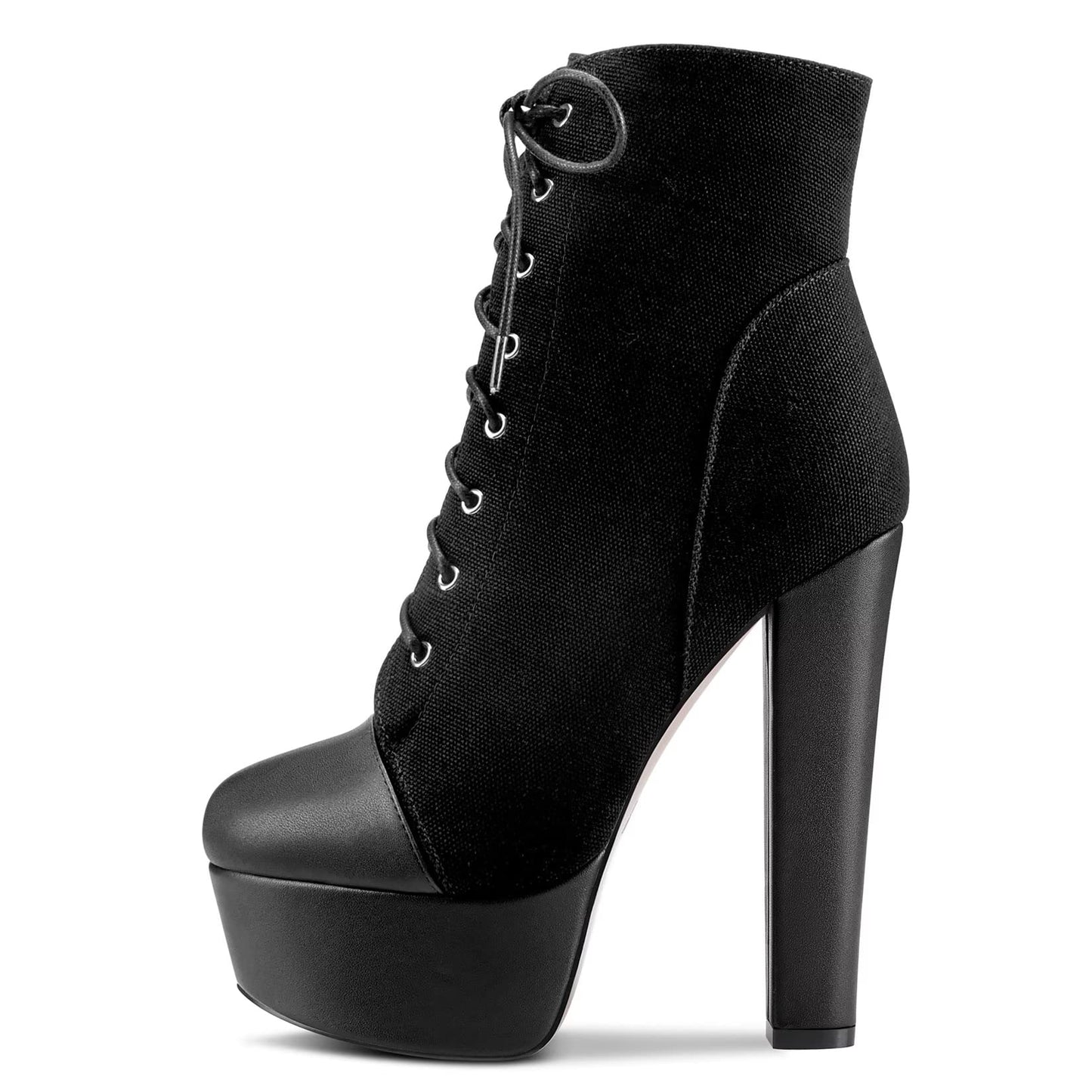 NobleOnly Women Chunky Block Platform High Heel Round Toe Lace-up Zipper Ankle Boots Short Bootie Classic Shoes Black