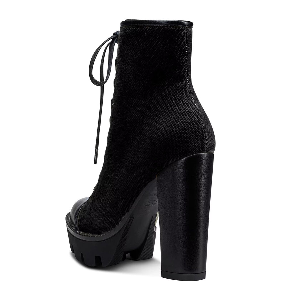 NobleOnly Women High Heel Platform Round Toe Ankle Boots Short Bootie Zipper Lace-up Riding Boots Classic Party Office 5.1 Inches Heels Black