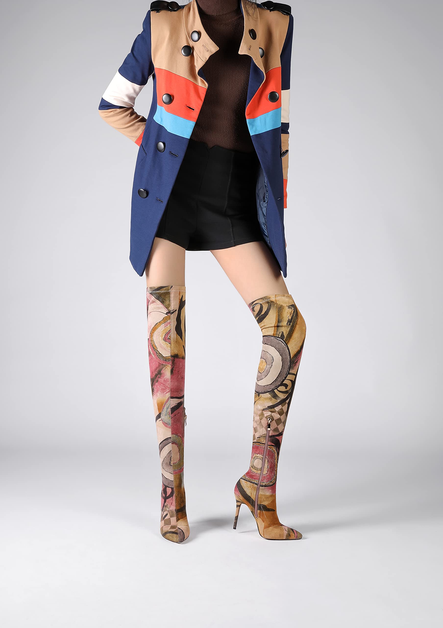vivianly Women's Sexy Printed Stretchy Thigh High Boots Pointy Toe Stiletto Heel Booties Over The Knee High Heel Boot Size 7