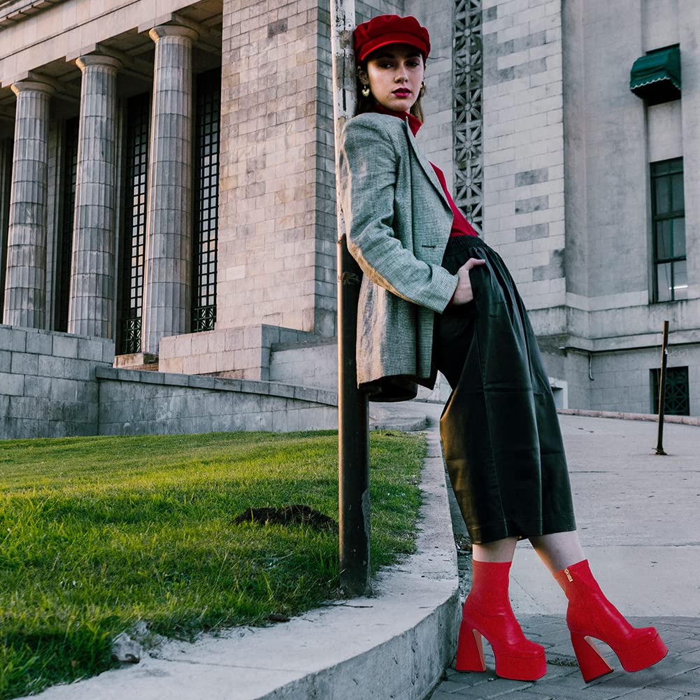 Uacllcau Red Platform Boots for Women Mid Calf Square Toe Chunky High Heel Boots Side Zipper Ankle Booties
