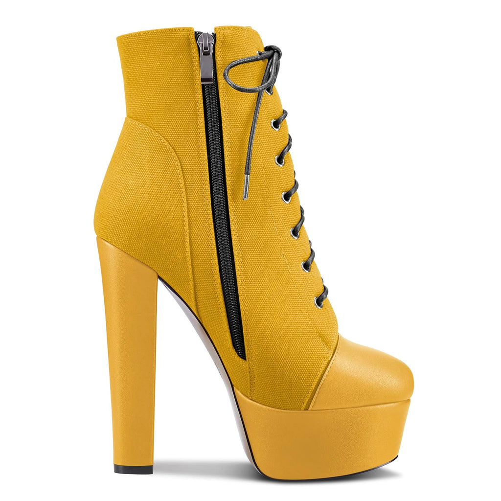 NobleOnly Women Chunky Block Platform High Heel Round Toe Lace-up Zipper Ankle Boots Short Bootie Classic Shoes Yellow