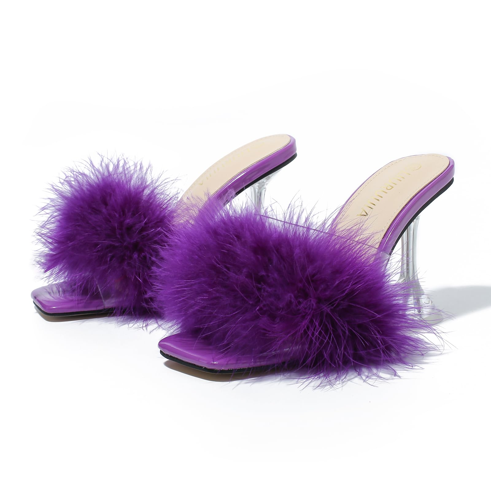 LIURUIJIA Women's Square Toe Feather Fluffy Fuzzy Heels High Heeled Dress Sandals Wedding Bridal Party Shoes Purple