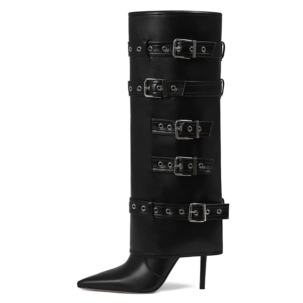 Grakihily Womens Black Boots Knee High Buckle Fold Over Tall Boots Leather Long Slouchy Shark Boot Pointed Toe Stiletto Heel with Zipper,Size, 8.5