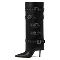 Grakihily Womens Black Boots Knee High Buckle Fold Over Tall Boots Leather Long Slouchy Shark Boot Pointed Toe Stiletto Heel with Zipper,Size, 8.5