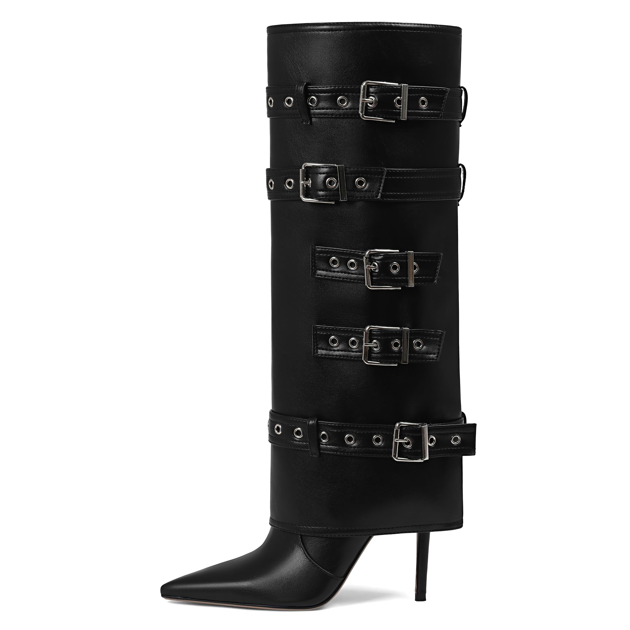 Grakihily Womens Black Boots Knee High Buckle Fold Over Tall Boots Leather Long Slouchy Shark Boot Pointed Toe Stiletto Heel with Zipper,Size, 8.5
