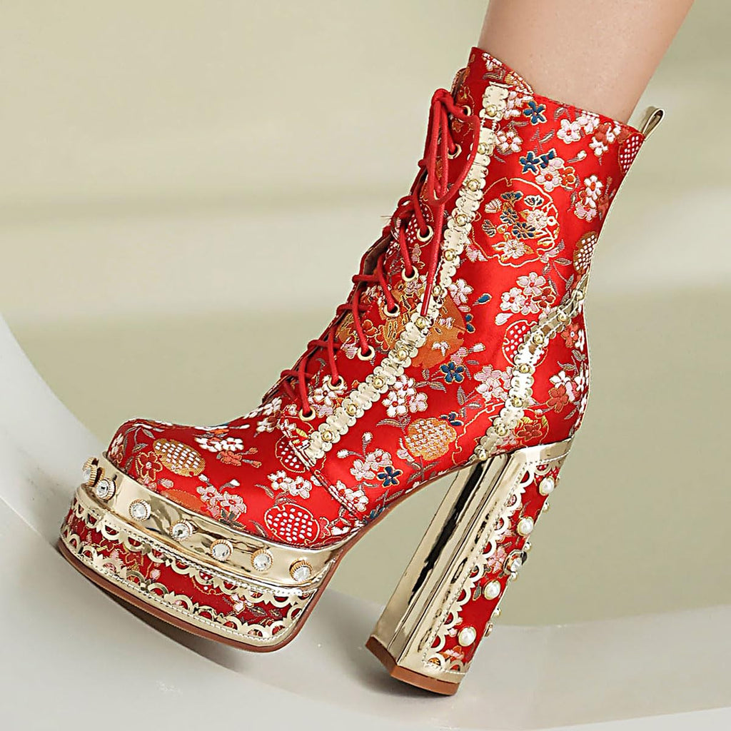 Red Feinlina Embroidered Fabric Gemstones Platform Chunky Ankle Boot