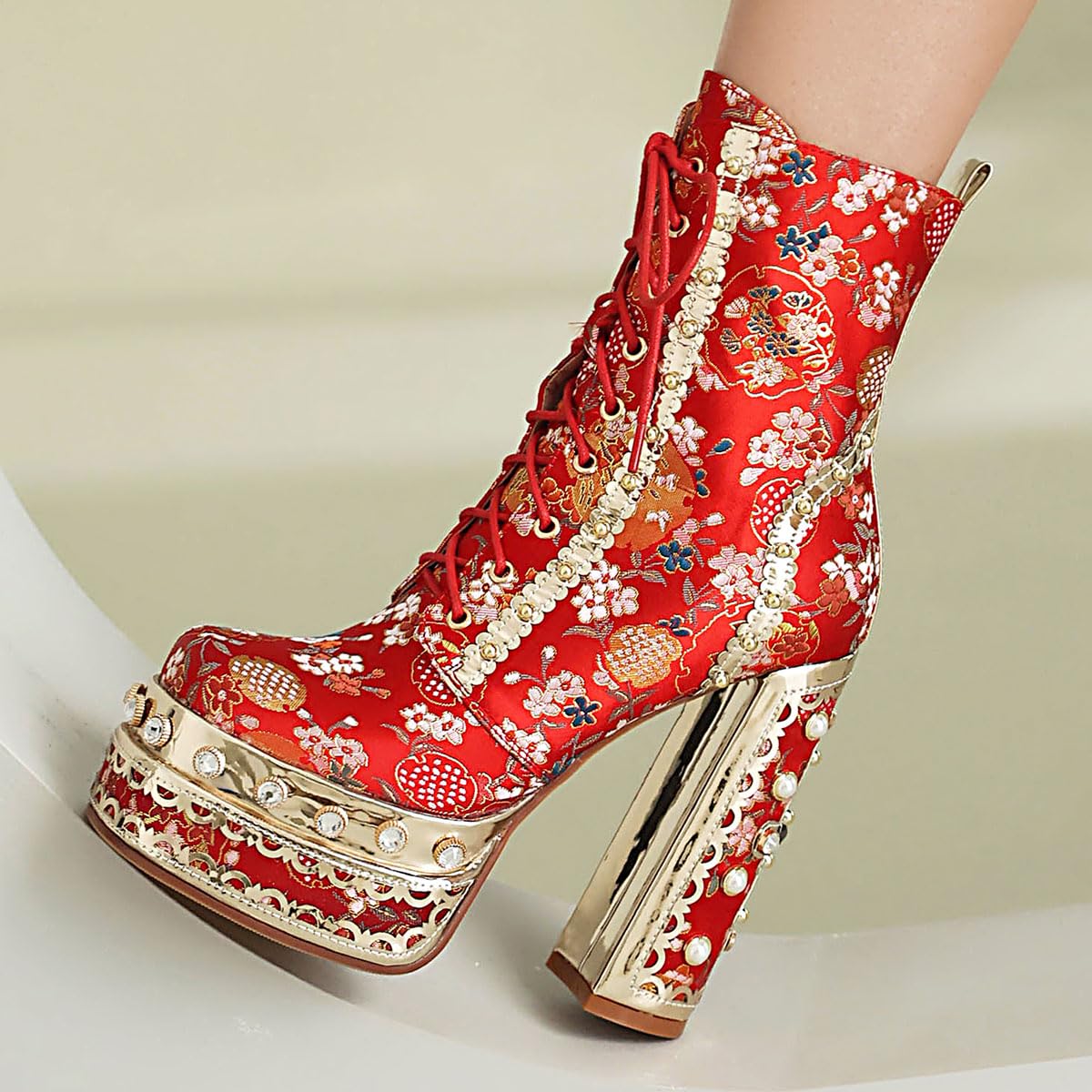 Red Feinlina Embroidered Fabric Gemstones Platform Chunky Ankle Boot