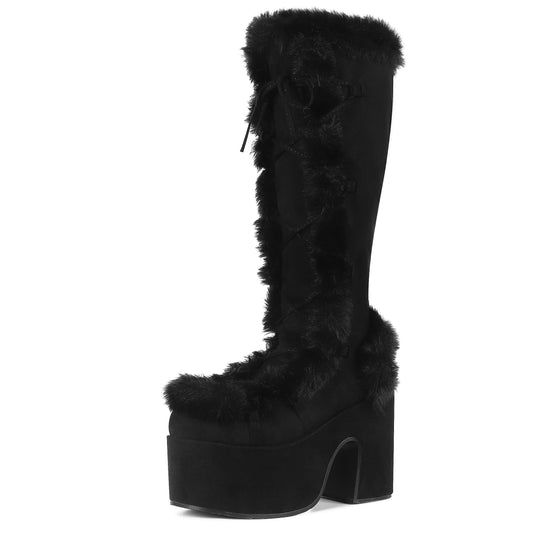 Accloris Black Platform Knee High Boots For Womens Warm Faux Fur Lace Up Side Zipper Chunky Heel Punk Goth Winter Snow Mid Calf Boots,blacksuede,size40