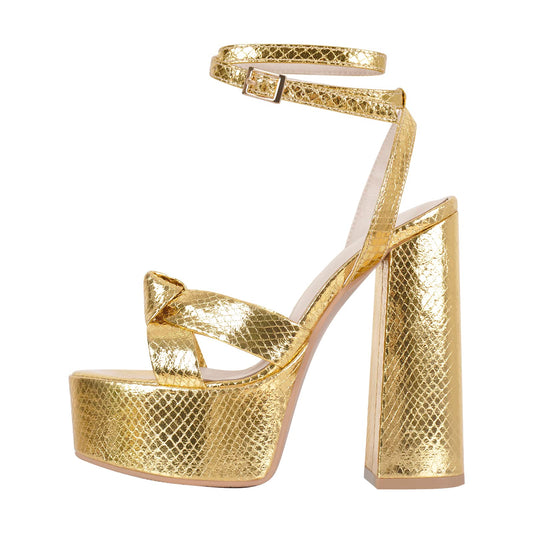 Onlymaker Platform Heels for Women Sexy Ankle Strap Chunky High Heeled Sandals Sparkly Metallic Gold 5 inch High Block Heel Platform Chunky Heels for Wedding Party Prom Dressy Size 8