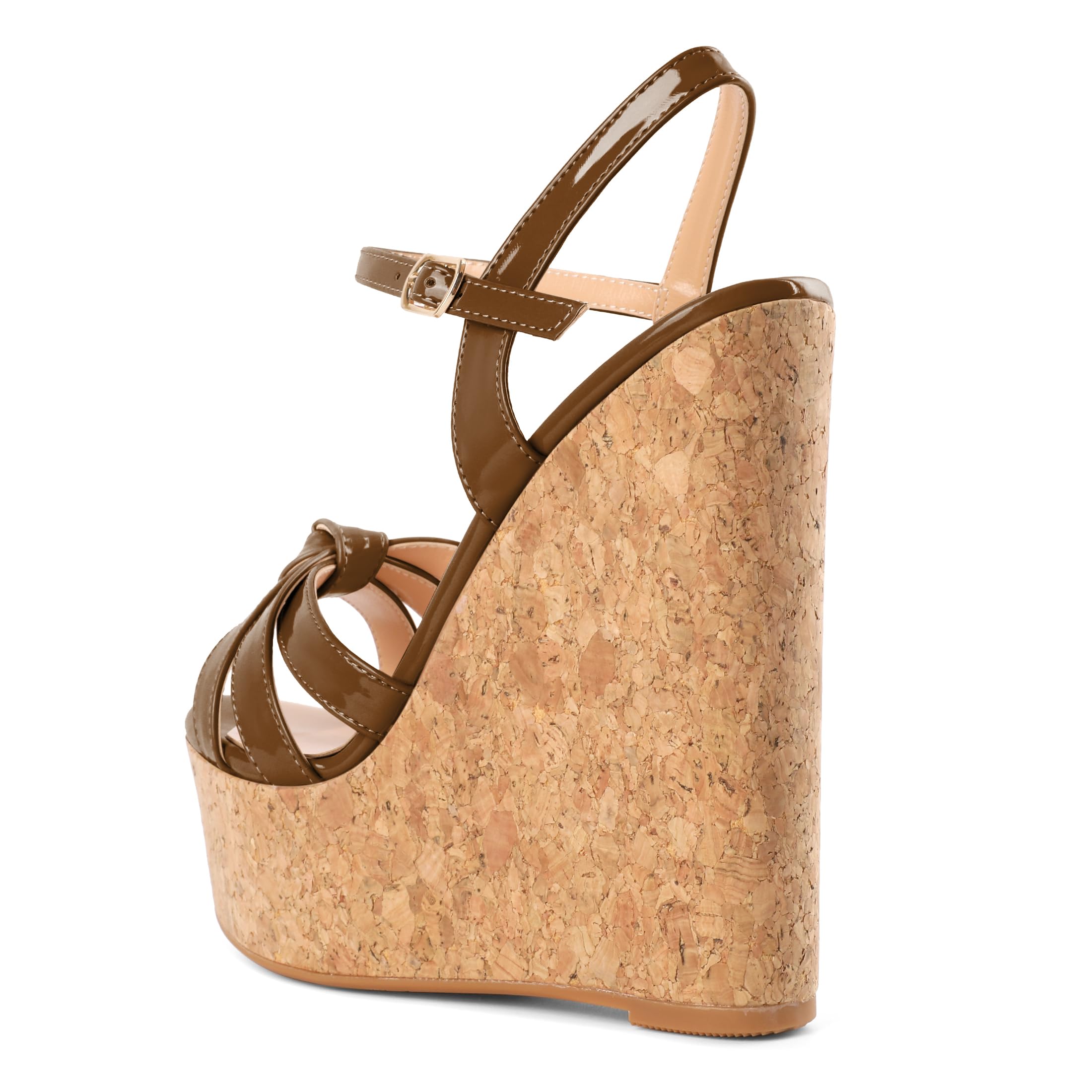 YODEKS Wedge Platform Sandals for Women High Heel Open Round Toe Wooden Heels Dress Shoes Patent Brown