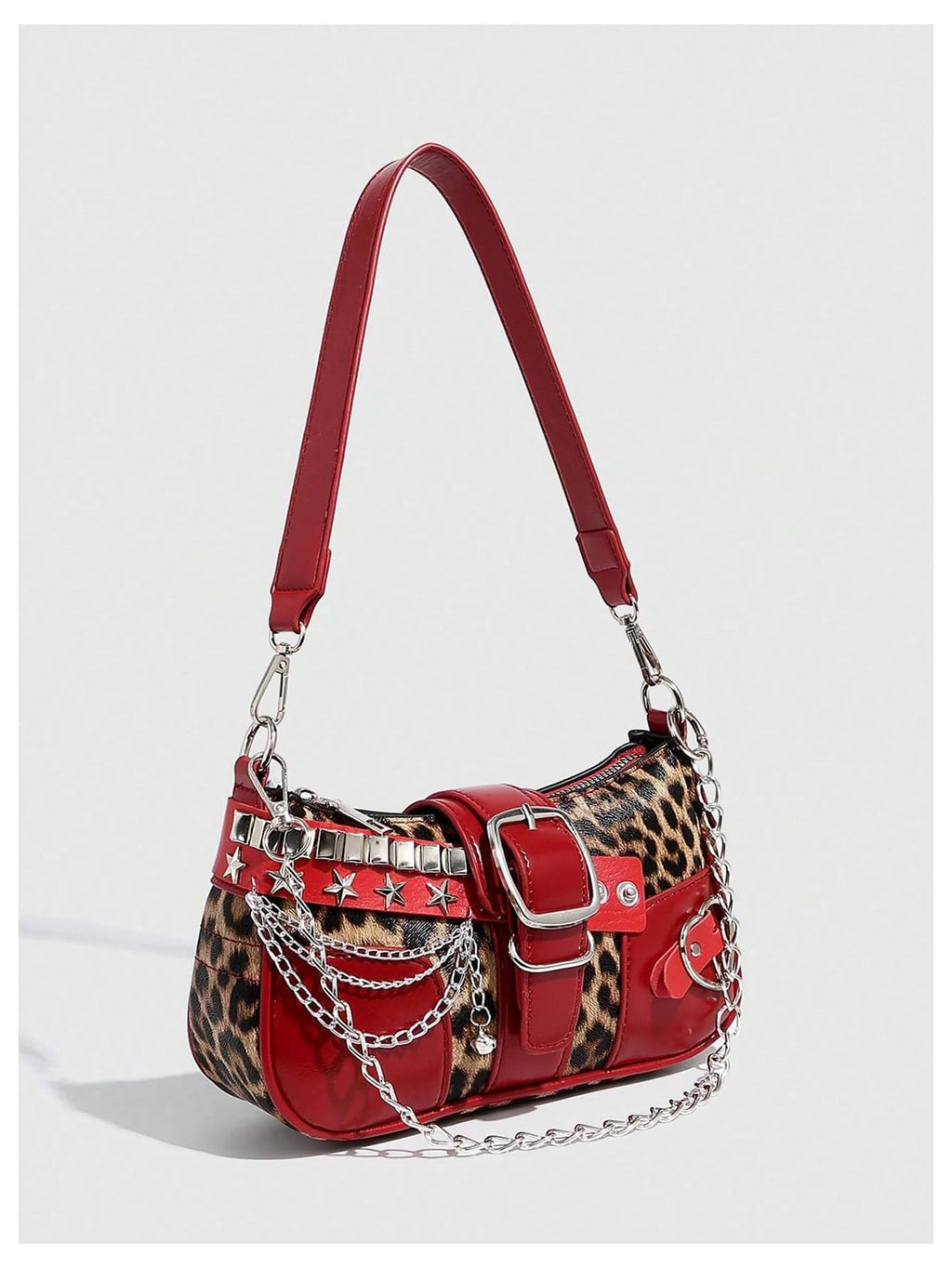 QWINEE Women's Studded Shoulder Bag Y2k Chain Clutch Purses Vintage Buckle Leather Underarm Bag Brown and Red One Size