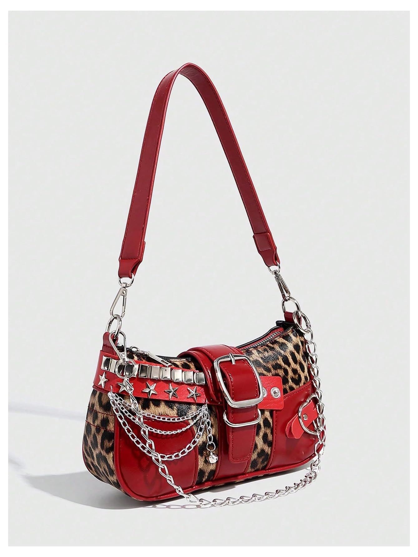 QWINEE Women's Studded Shoulder Bag Y2k Chain Clutch Purses Vintage Buckle Leather Underarm Bag Brown and Red One Size