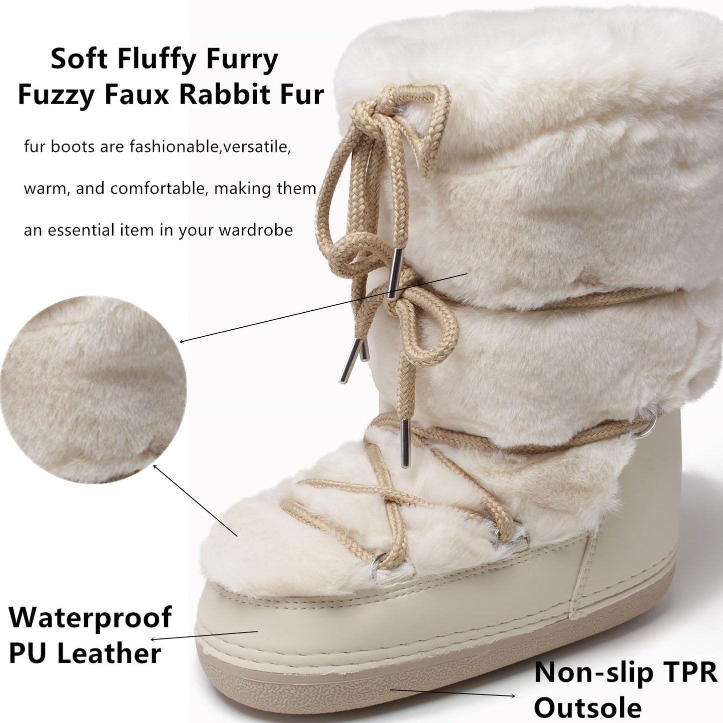 ZHENAIYISHENG Faux Fur Boots for Women - Fuzzy Fluffy Furry Water Resistant Snow Boots for Women - Anti-Slip with Cotton Sponge Lined and TPR Rubber Sole Black White Fur Boots beige