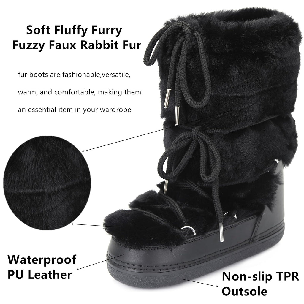 ZHENAIYISHENG Faux Fur Boots for Women - Fuzzy Fluffy Furry Water Resistant Snow Boots for Women - Anti-Slip with Cotton Sponge Lined and TPR Rubber Sole Black White Fur Boots black,