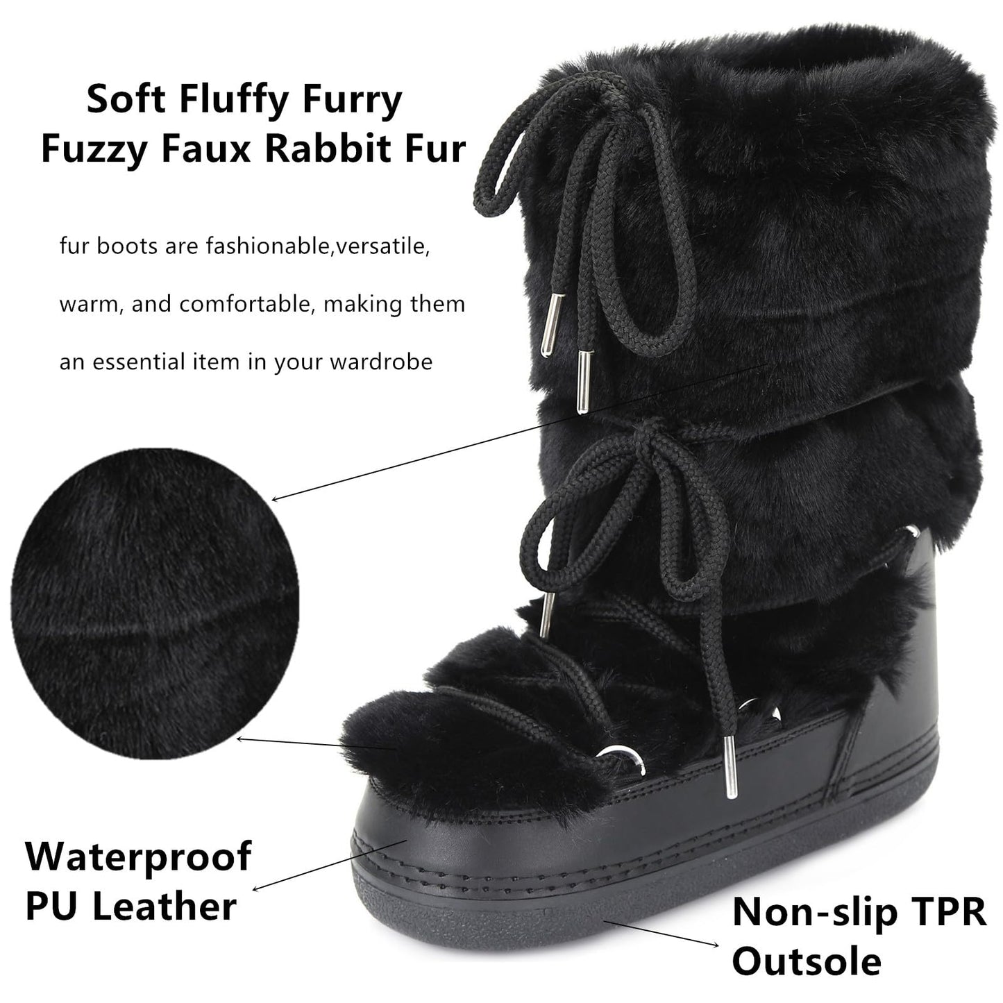 ZHENAIYISHENG Faux Fur Boots for Women - Fuzzy Fluffy Furry Water Resistant Snow Boots for Women - Anti-Slip with Cotton Sponge Lined and TPR Rubber Sole Black White Fur Boots black,