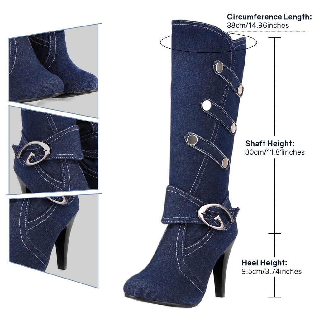 Uniquelly Womens Denim Knee High Boots Stiletto High Heel Mid Calf Slip On Round Toe Classic Retro Winter Shoes (dark blue,US7)