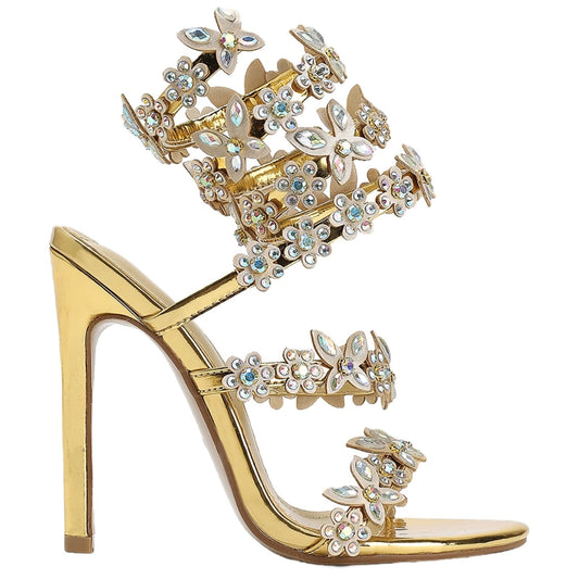 Rhineshell Women's Diamante High Heels Sparkly Spiral Wrap Up Strappy Heeled Sandals Round Open Toe Faux Leather Stilettos Rhinestones Studded Party Dress Shoes Gold Size 9
