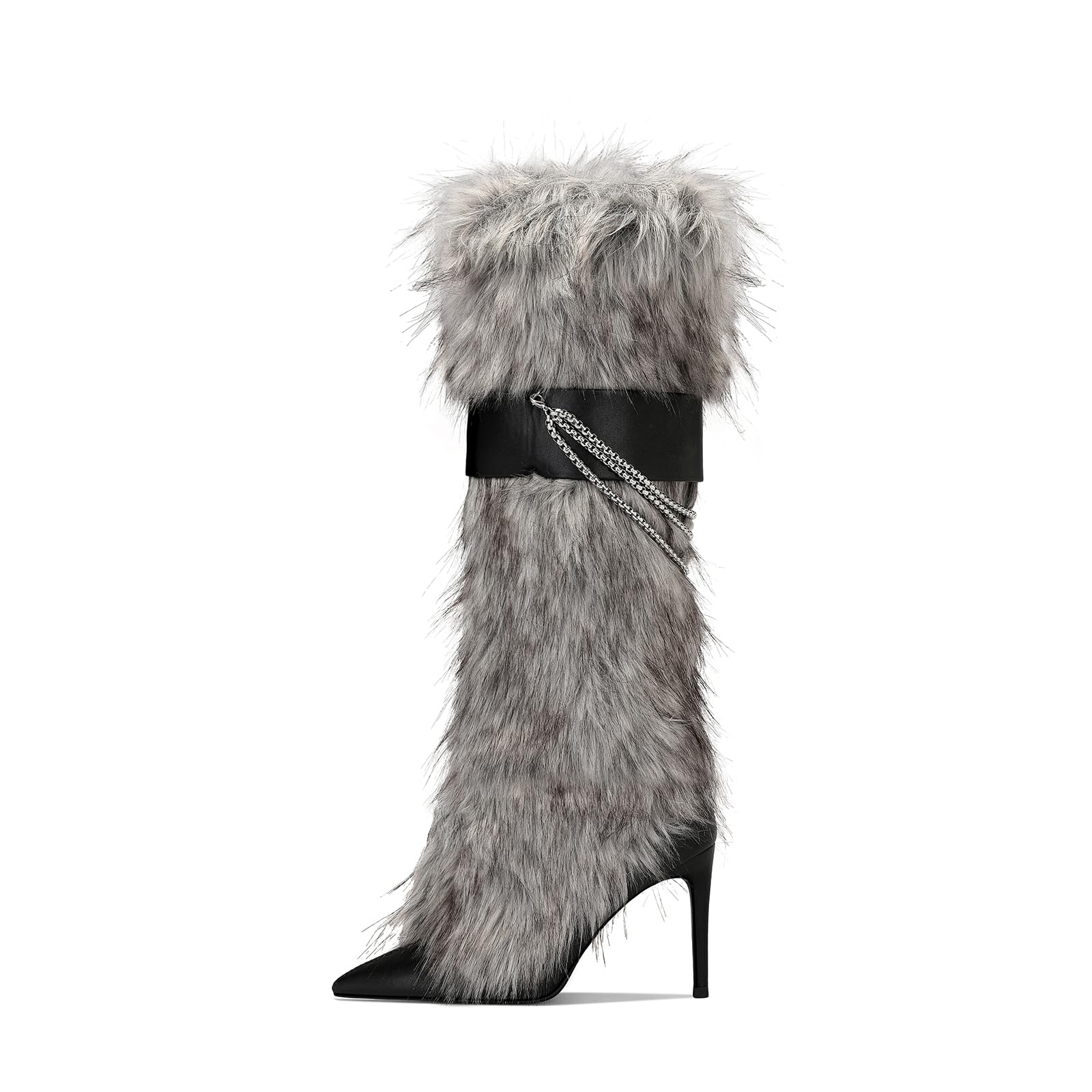 Ouwilov Women’s Gray Faux Fur High Heel Boots – Furry Stiletto Boots with Chain Detail & Stretch Knit Inner Shaft Elegant Winter Fur Boot Heels for Fashion Outfits & Cold Weather
