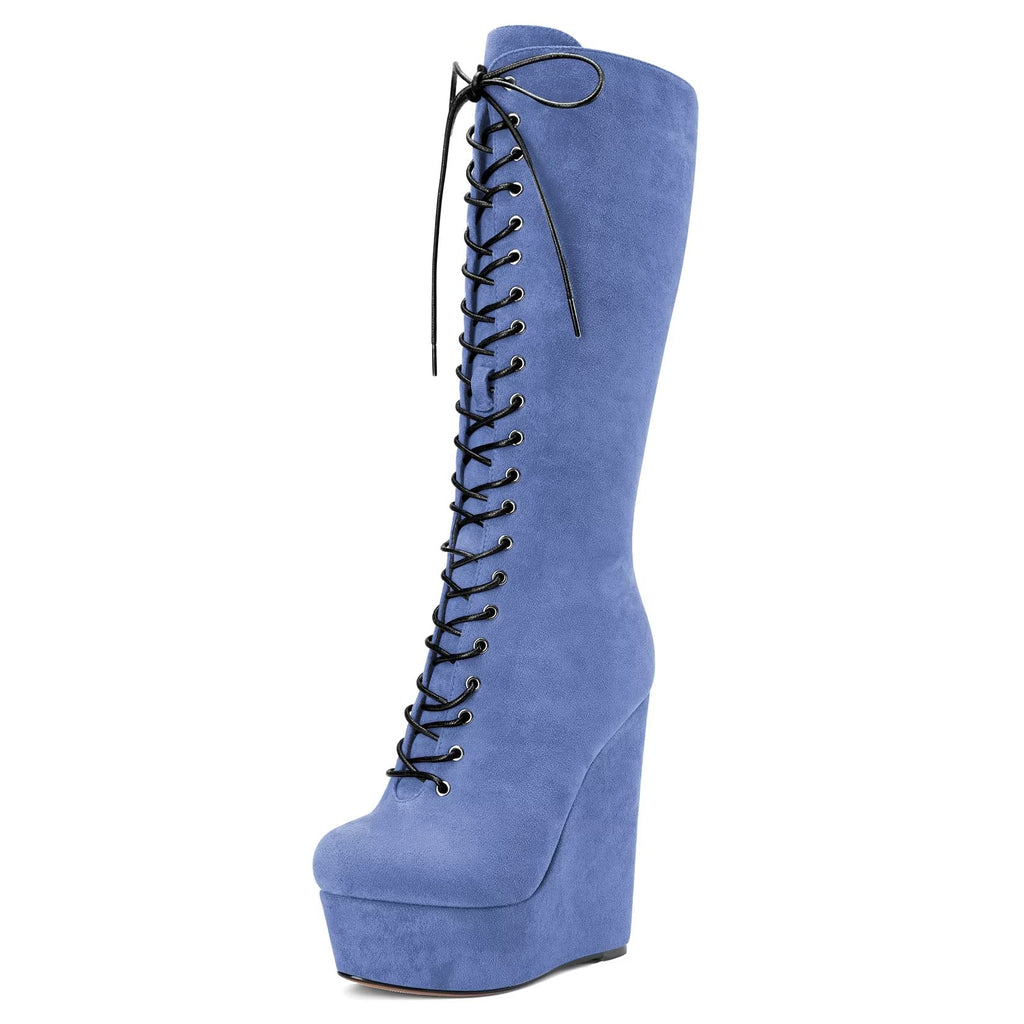 Castamere Women Wedge High Heel Close Round Toe Mid Calf Lace-up Zipper Classic Boots Blue