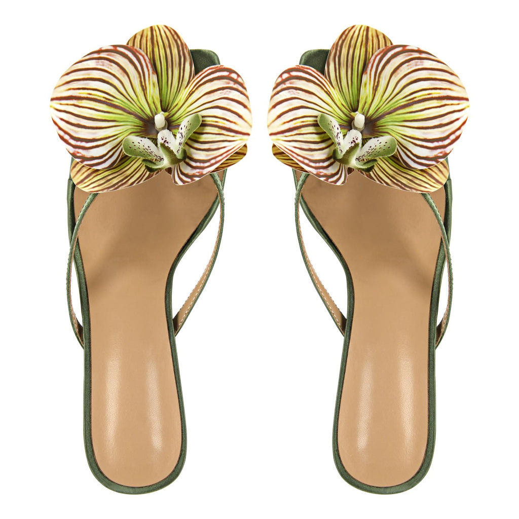 Only maker Orchid Heels for Women Square Toe Low Heeled Sandals Sexy Slip On Green Satin Heels with Orchid Flower For Wedding Bridal Fashion Party Dress Open Toe Mid Block Heeled Sandals Size 8