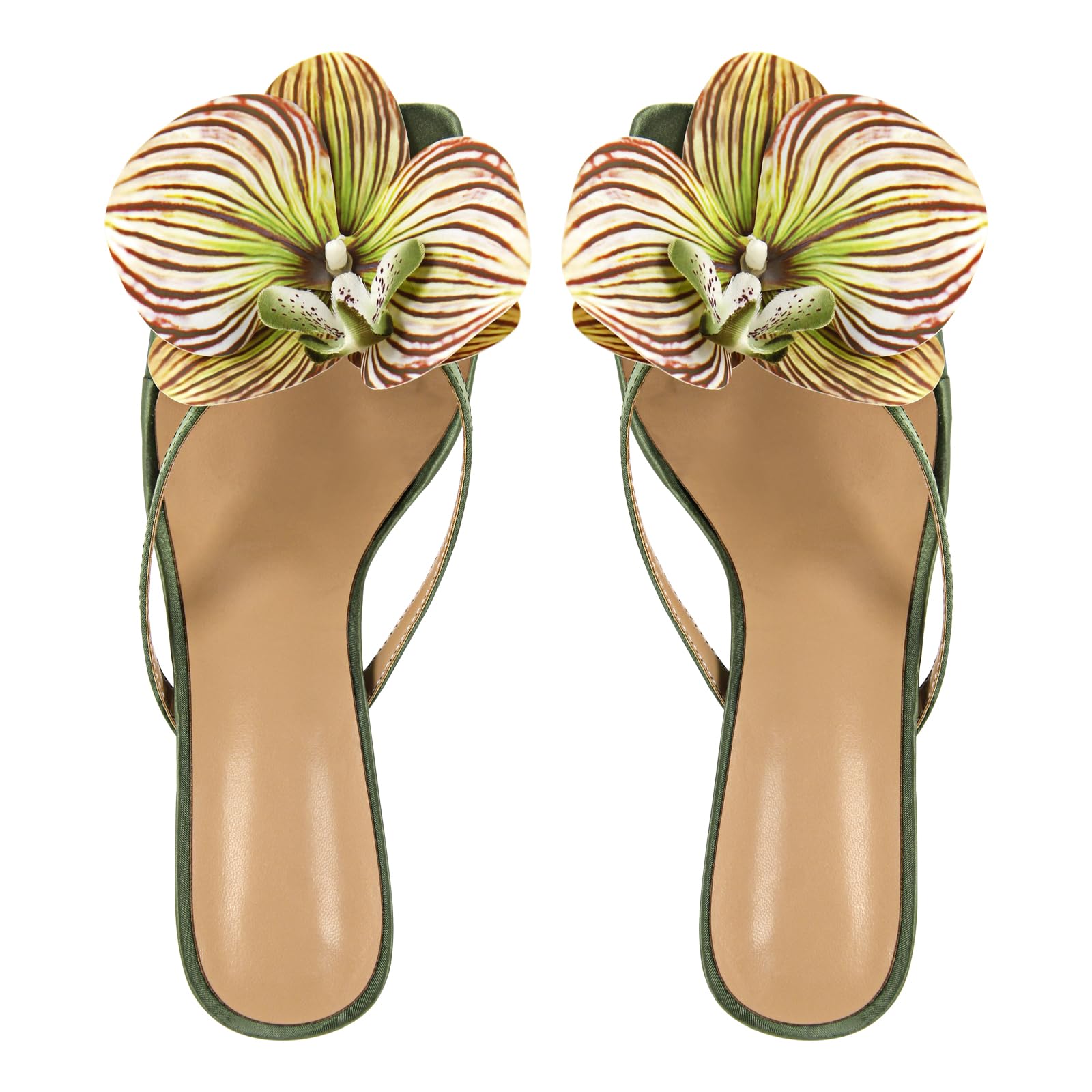 Only maker Orchid Heels for Women Square Toe Low Heeled Sandals Sexy Slip On Green Satin Heels with Orchid Flower For Wedding Bridal Fashion Party Dress Open Toe Mid Block Heeled Sandals Size 8