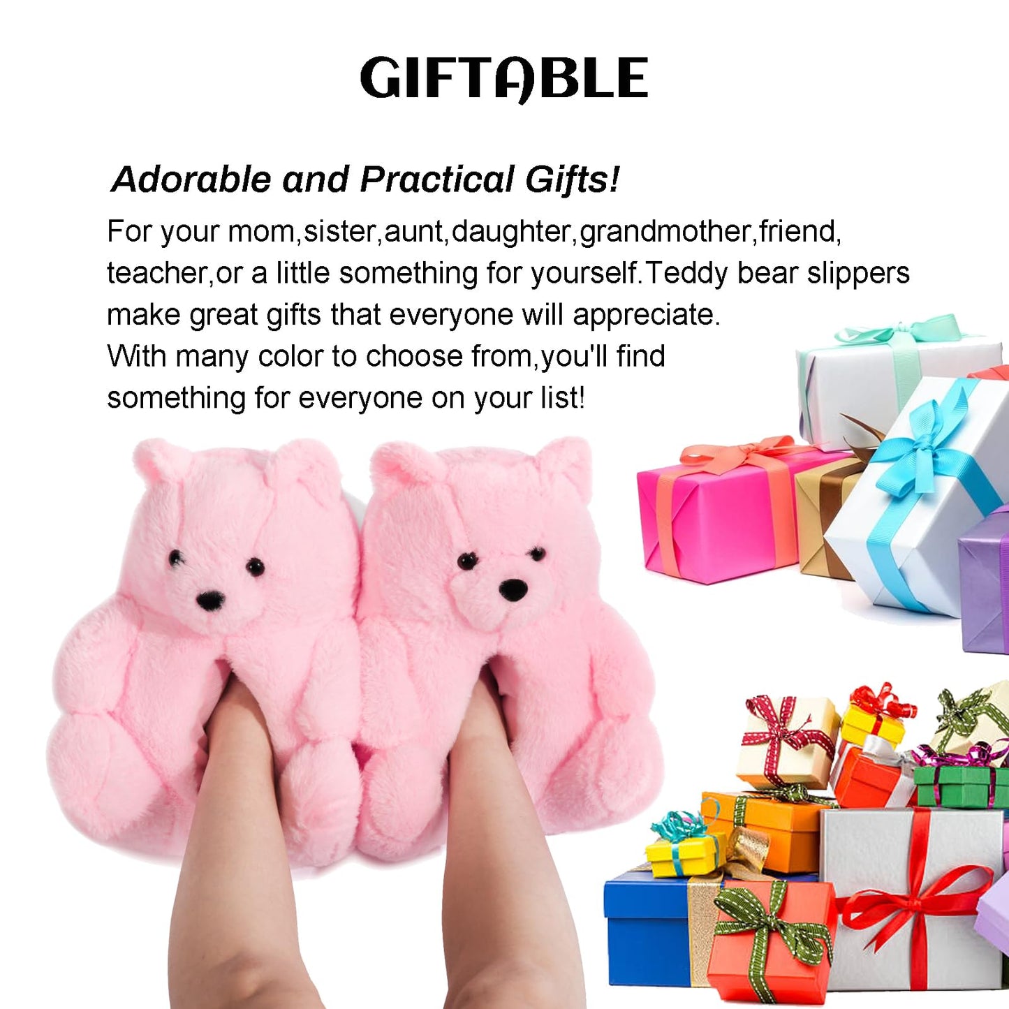 DOVORSY Women's Christmas Teddy Bear Slippers,Winter Fuzzy Cute Indoor House Slippers with Cushion,Pink Fluffy Cartoon Bedroom Shoes,Cozy Warm Gifts for Women,Men,Ladies,Girls (Size 7-11)