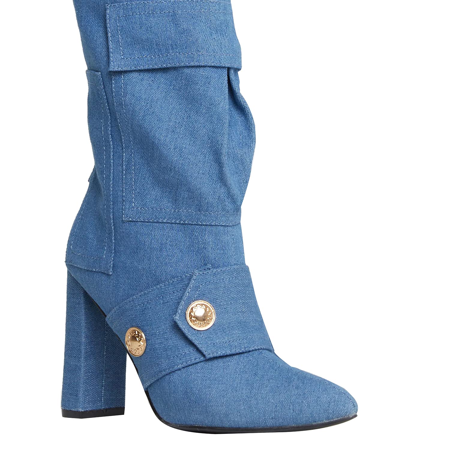 Arqa Women's Camo Knee High Boots Pointed Toe Block Heel Camouflage Boot with Metal Buttons Multiple Pockets Boot