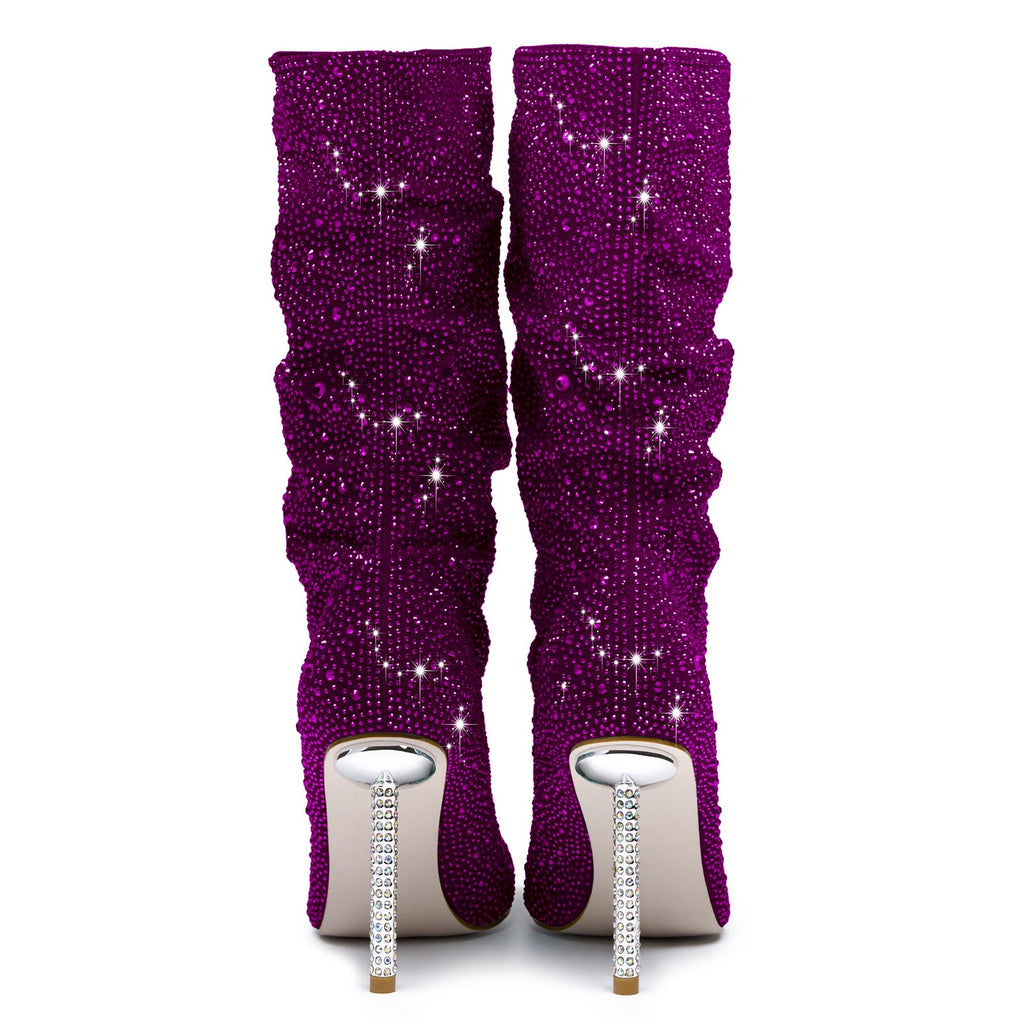 driceic Women's Purple Mid Calf Boots sparkly Rhinestone Stiletto Heel Boots Western Wide Calf Short Cowboy Boots Sexy Pointed Toe dress Party Boots