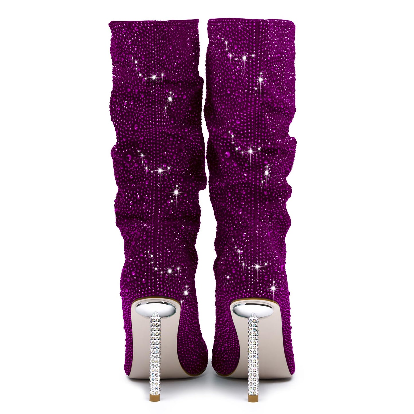 driceic Women's Purple Mid Calf Boots sparkly Rhinestone Stiletto Heel Boots Western Wide Calf Short Cowboy Boots Sexy Pointed Toe dress Party Boots