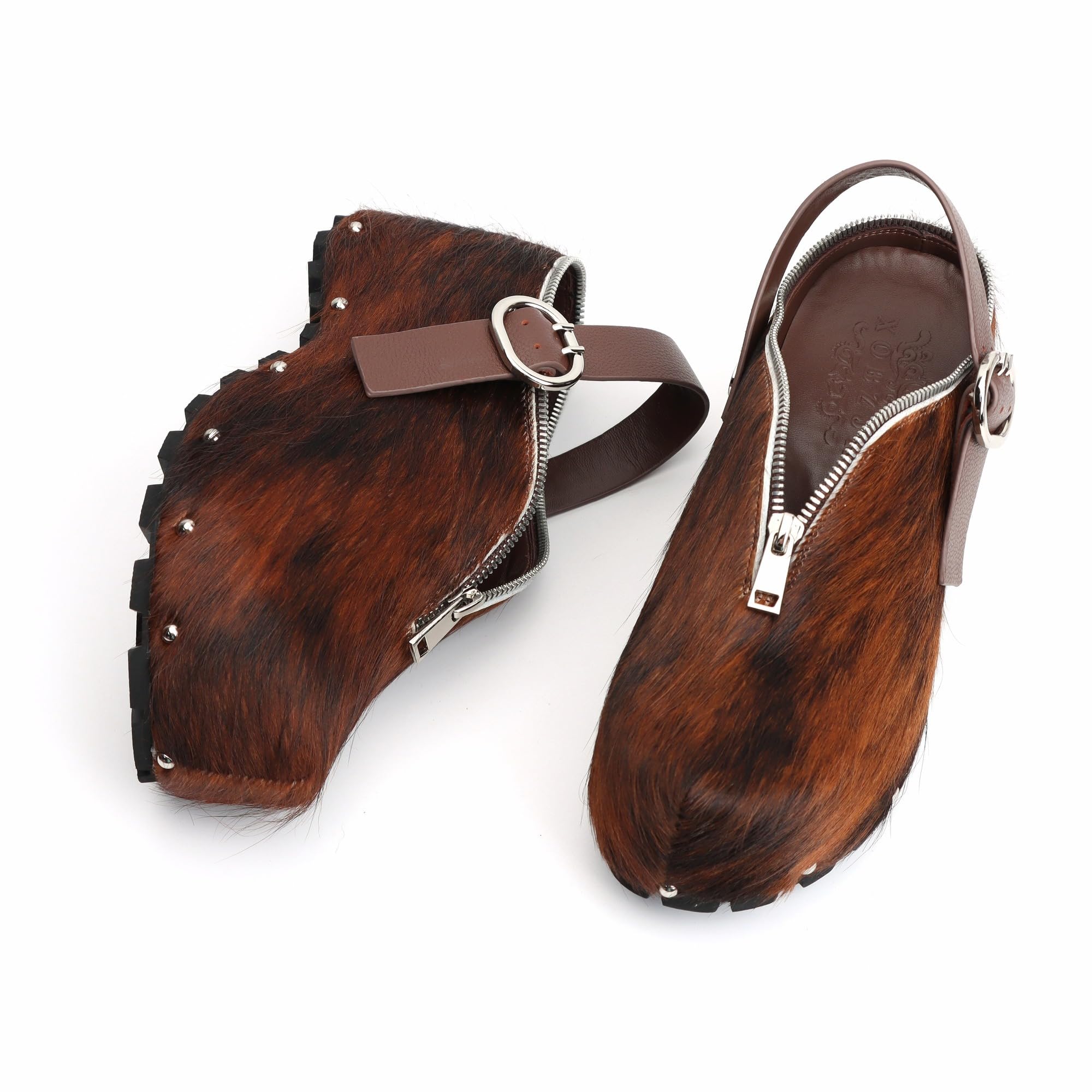 XOBZJH Women’s Natural Cow Print Fur Platform Clogs with Decorative Zipper & Adjustable Buckle Strap – Western Slip-On Punk Rivet Mules with Arch Support, Chunky Retro Rustic Style