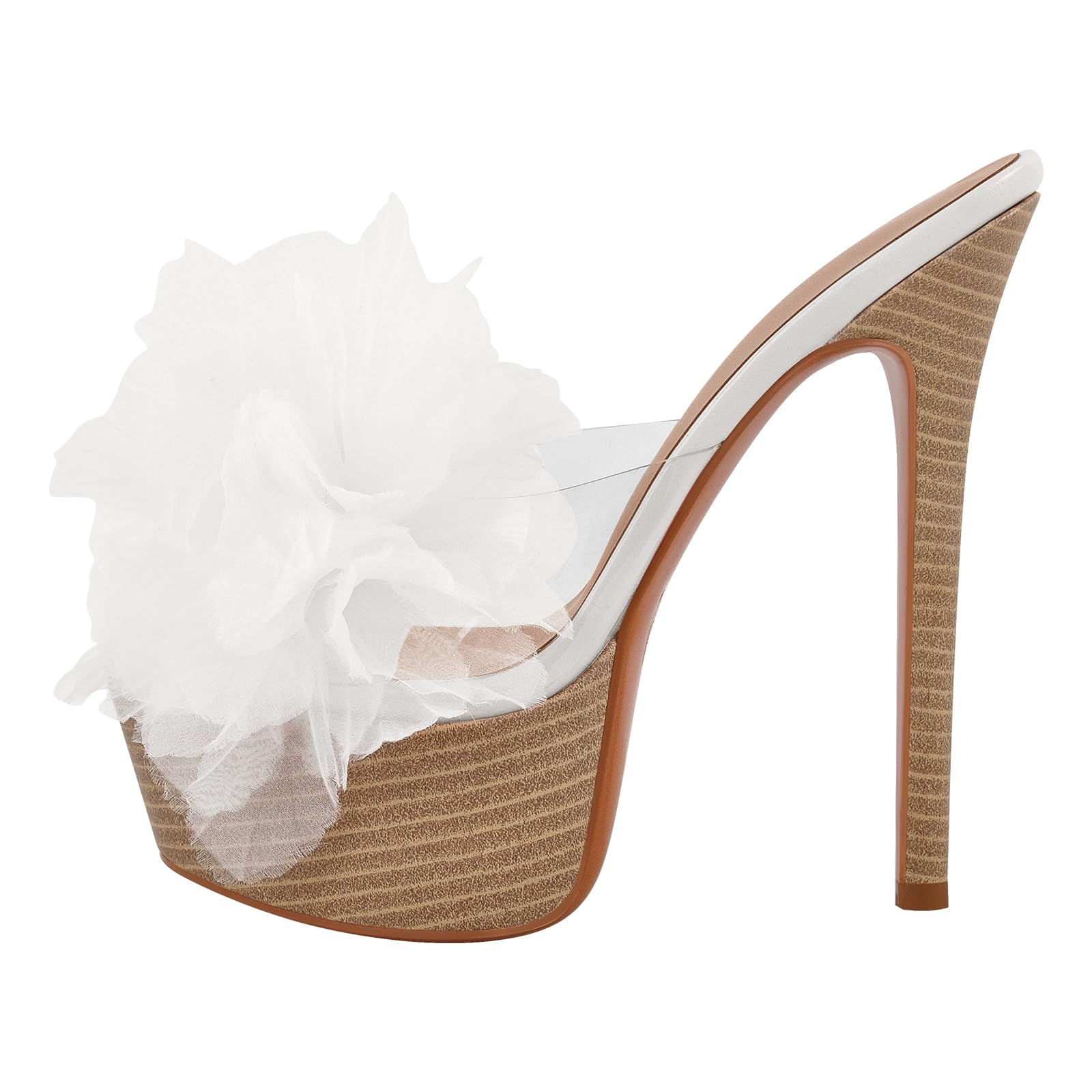 Rhineshell Women's Platform Slides Sandals Flower Stilettos High Heels Round Open Toe Slip On Slim Heeled Sandal Clear Upper Party Prom Shoes White Size 11