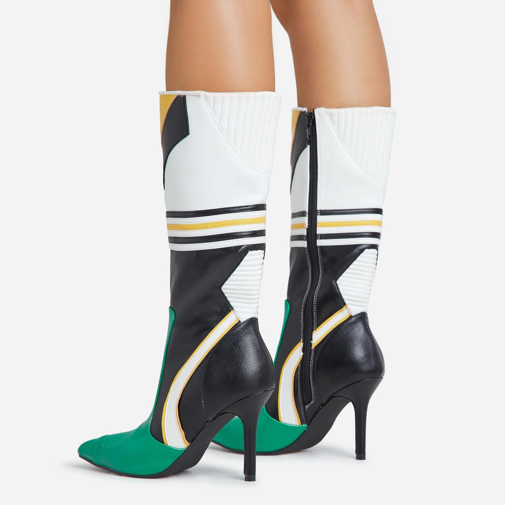 LEMONADE Womens Endeavor Motocross Detail Pointed Toe Stiletto Heel Mid Calf Boot (Green, US Footwear Size System, Adult, Women, Numeric