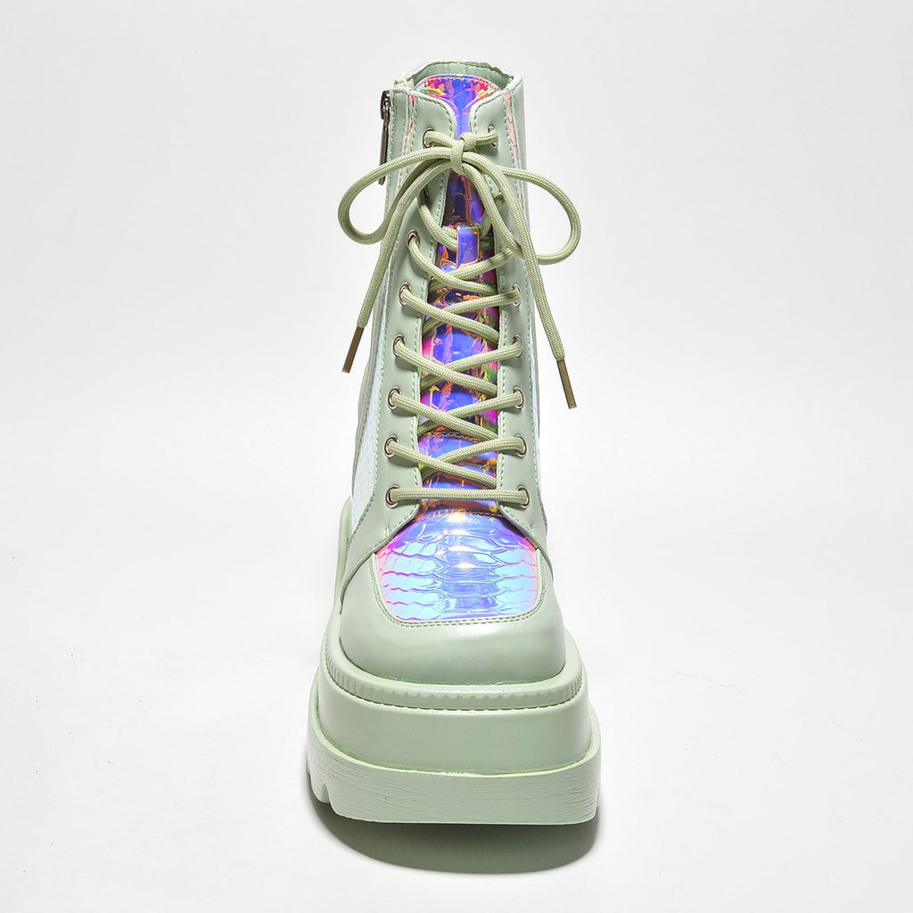 Holographic Platform Ankle Boots for Women Chunky Block Heels Pointed Toe PU Leather with Buckle Strap Retro Futuristic Style (Radio) - Sage Size 11