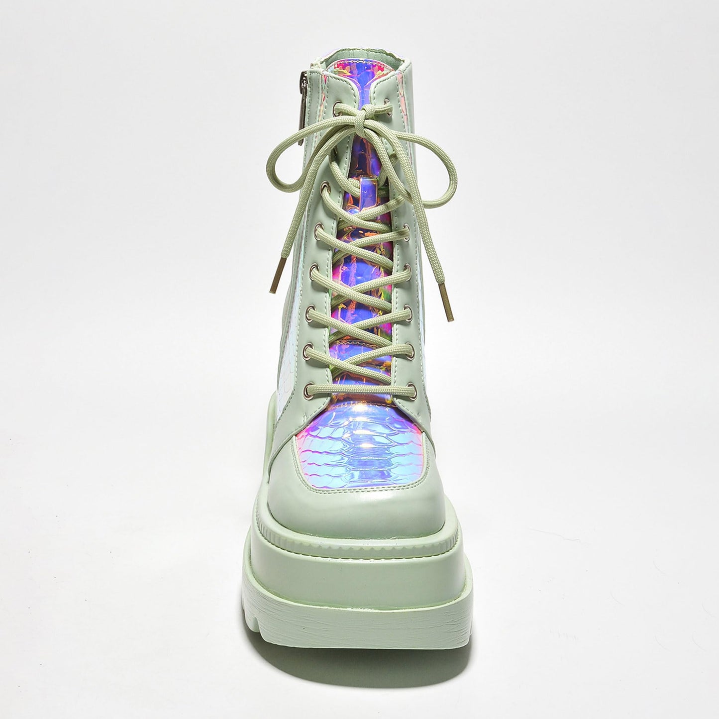 Holographic Platform Ankle Boots for Women Chunky Block Heels Pointed Toe PU Leather with Buckle Strap Retro Futuristic Style (Radio) - Sage Size 11