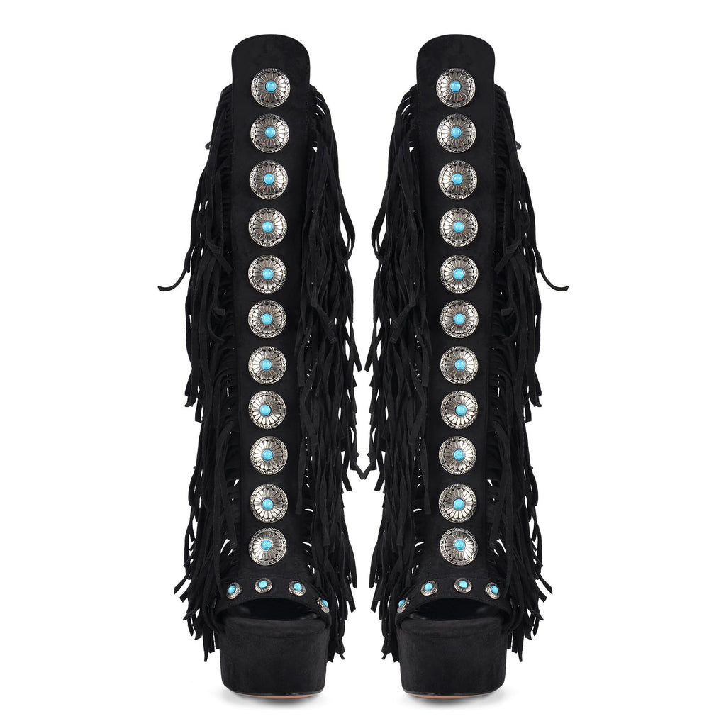 Only maker Women’s Platform Gladiator Sandals Stiletto High Heels with Fringe & Turquoise Decorations Open Toe Summer Boots with Back Lace-Up Faux Suede Black