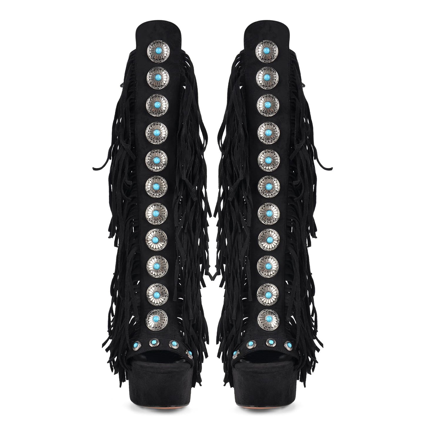 Only maker Women’s Platform Gladiator Sandals Stiletto High Heels with Fringe & Turquoise Decorations Open Toe Summer Boots with Back Lace-Up Faux Suede Black