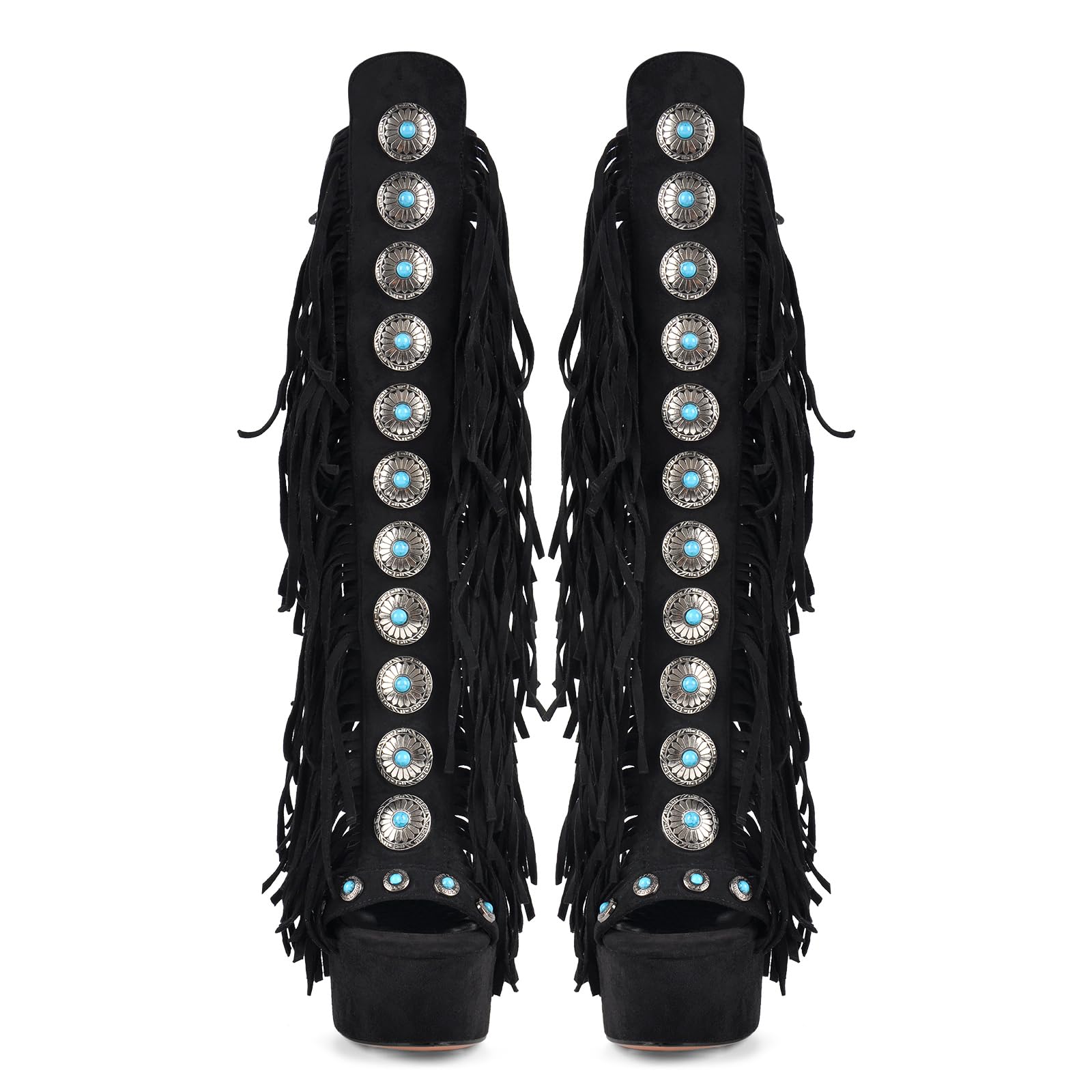 Only maker Women’s Platform Gladiator Sandals Stiletto High Heels with Fringe & Turquoise Decorations Open Toe Summer Boots with Back Lace-Up Faux Suede Black