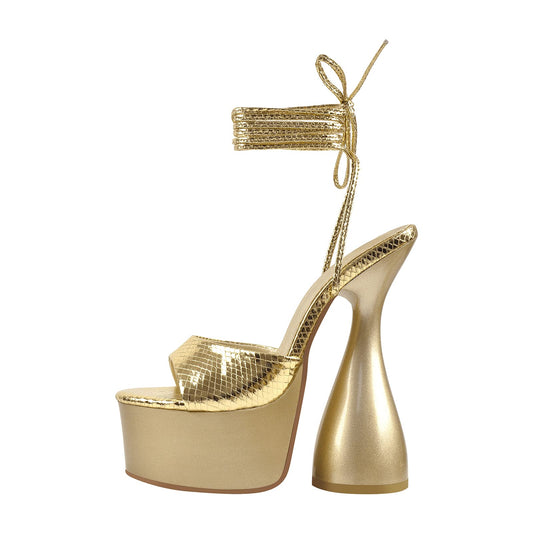 LISHAN Women's Party High Heels Round Toe Platform Lace-up Chunky High Heel Ankle Strappy Animal Print Block Heels Solid Color Gladiator Heeled Sandals Nightclub Date Party Shoes Gold Size 7