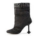 Fuazuzu Vintage Denim Stiletto High Heeled Cowboy Pockets Boots for Women, Mid Wide Calf Round Toe with Metal Button for Fashion Dress Booties,Black 8