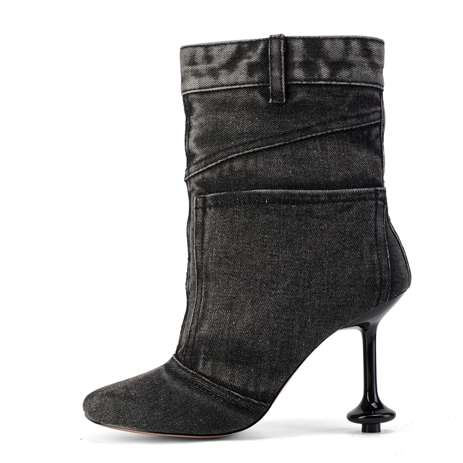 Fuazuzu Vintage Denim Stiletto High Heeled Cowboy Pockets Boots for Women, Mid Wide Calf Round Toe with Metal Button for Fashion Dress Booties,Black 8