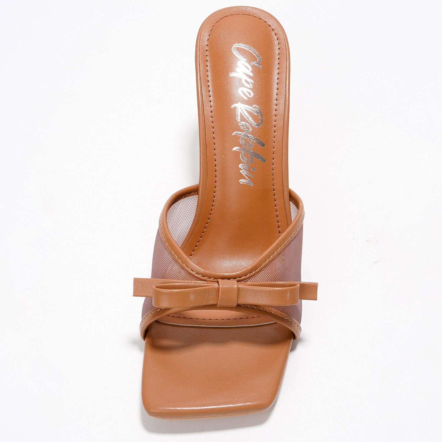 Cape Robbin Women's Slip On Square Toe Mid Heels with Bow Detail and Breathable Mesh Upper - Comfortable Low Heel Sandals for Women Dressy (Manon) Tan