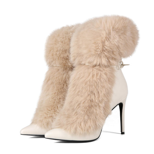 Maiosfy Furry Pointed Stiletto Heels with Straps Large Size Ankle Boots Heavy-Duty Soft Faux Fur Shoes Clubwear for Party Evening Footwear Unisex