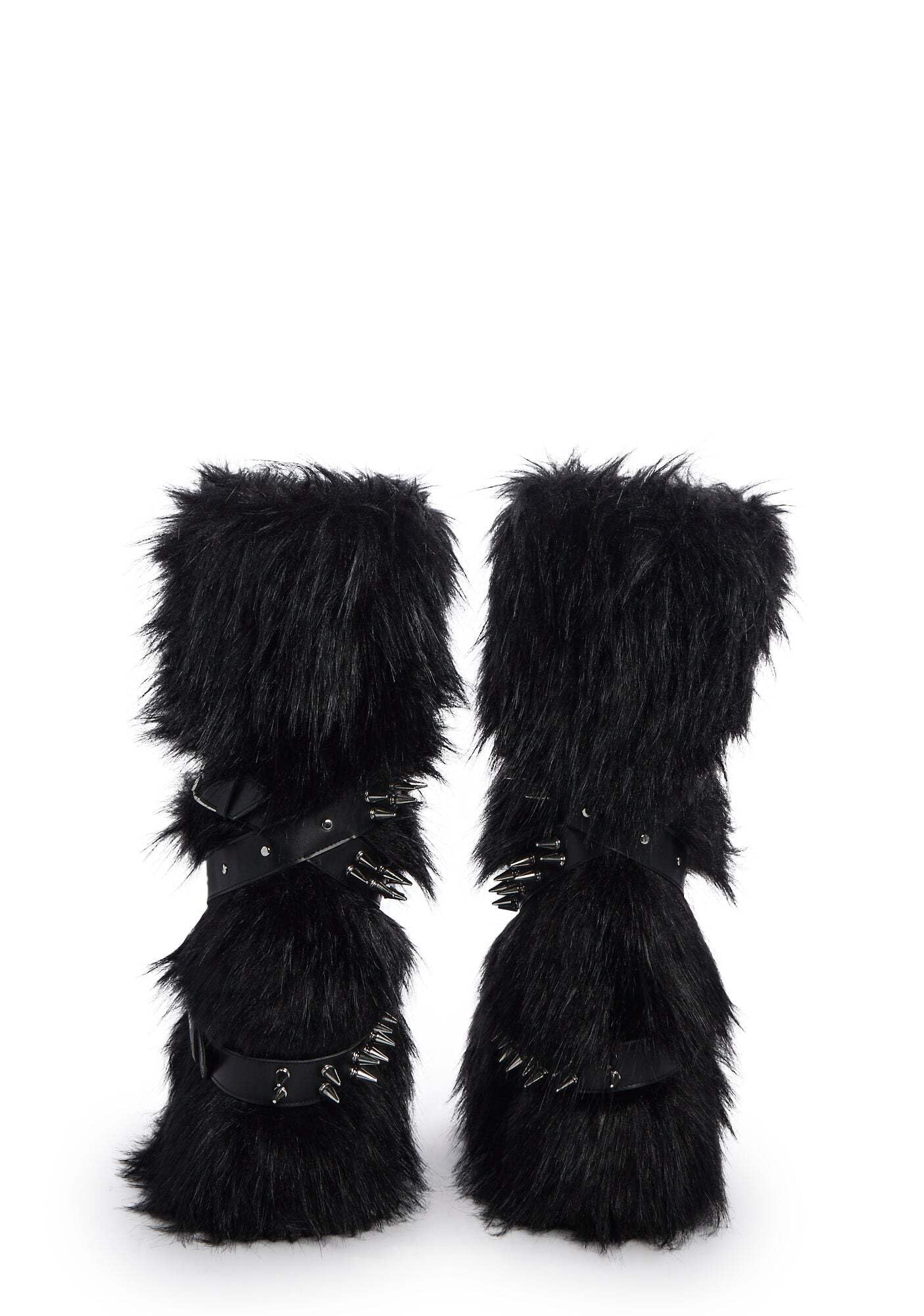 Dolls Kill Wild Instincts Faux Fur Boots by Club Exx – Women’s Knee High Platform Boots with Buckle Straps, Black, 11