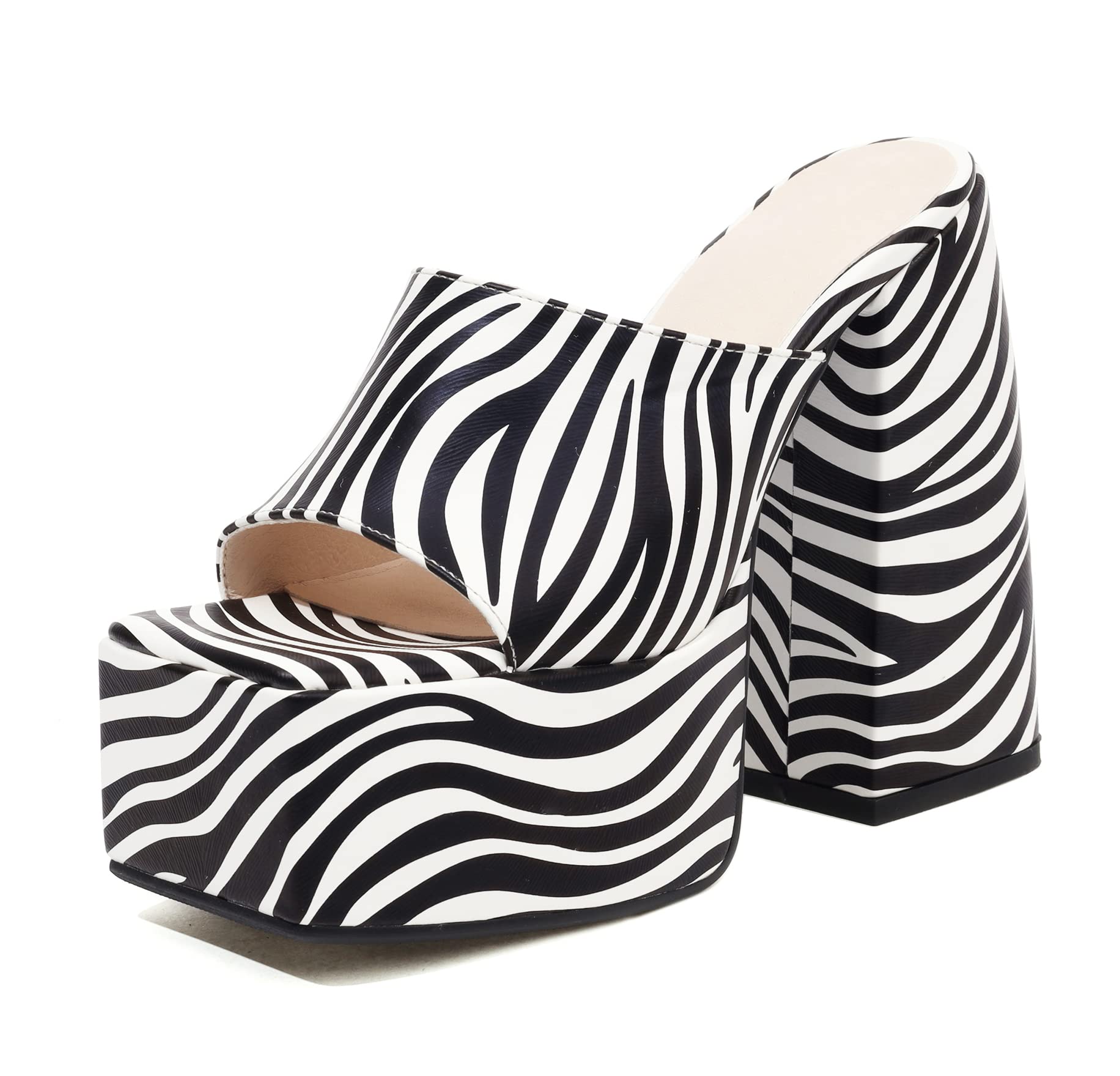 Makmeoyw Platform Heels Slippers Slip On Show Slingback Chunky Heels Sparkly Sandals Square Toe Mules Open Toe High Heels Slide-on Sandals Black Size