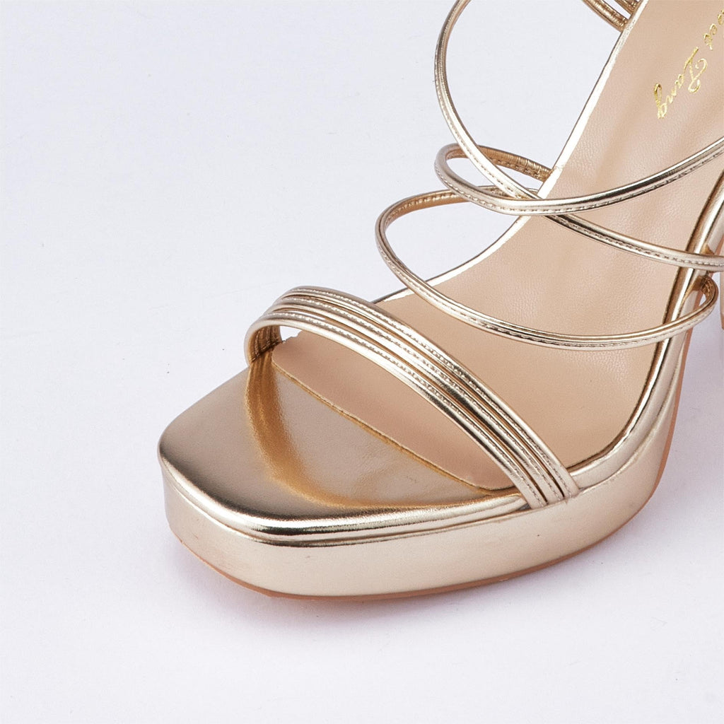 Elisabet Tang Women's Strappy Heeled Sandals, 5 inch Platform Heels Chunky Lace up High Heels Open Toe Party Shoes Gold