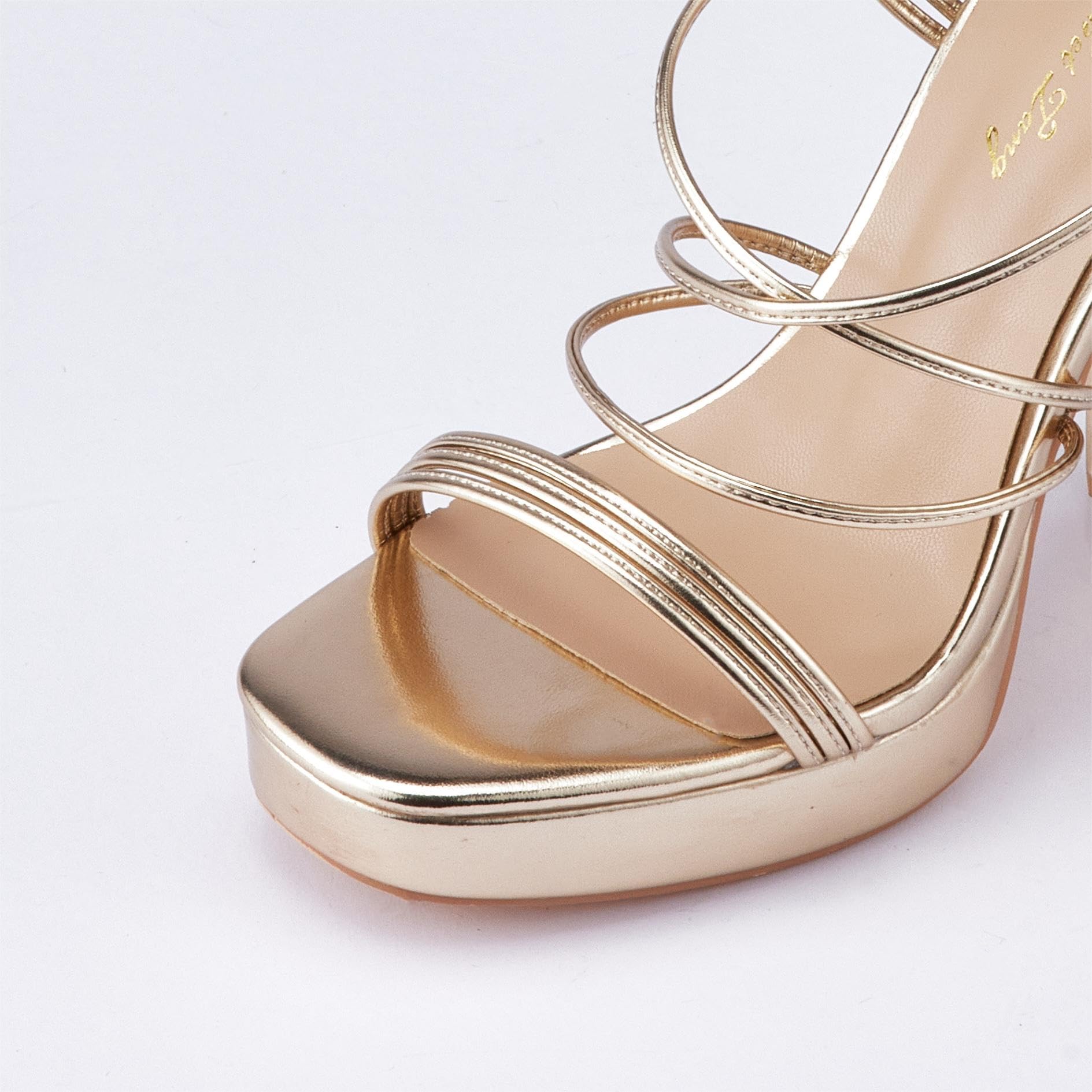 Elisabet Tang Women's Strappy Heeled Sandals, 5 inch Platform Heels Chunky Lace up High Heels Open Toe Party Shoes Gold