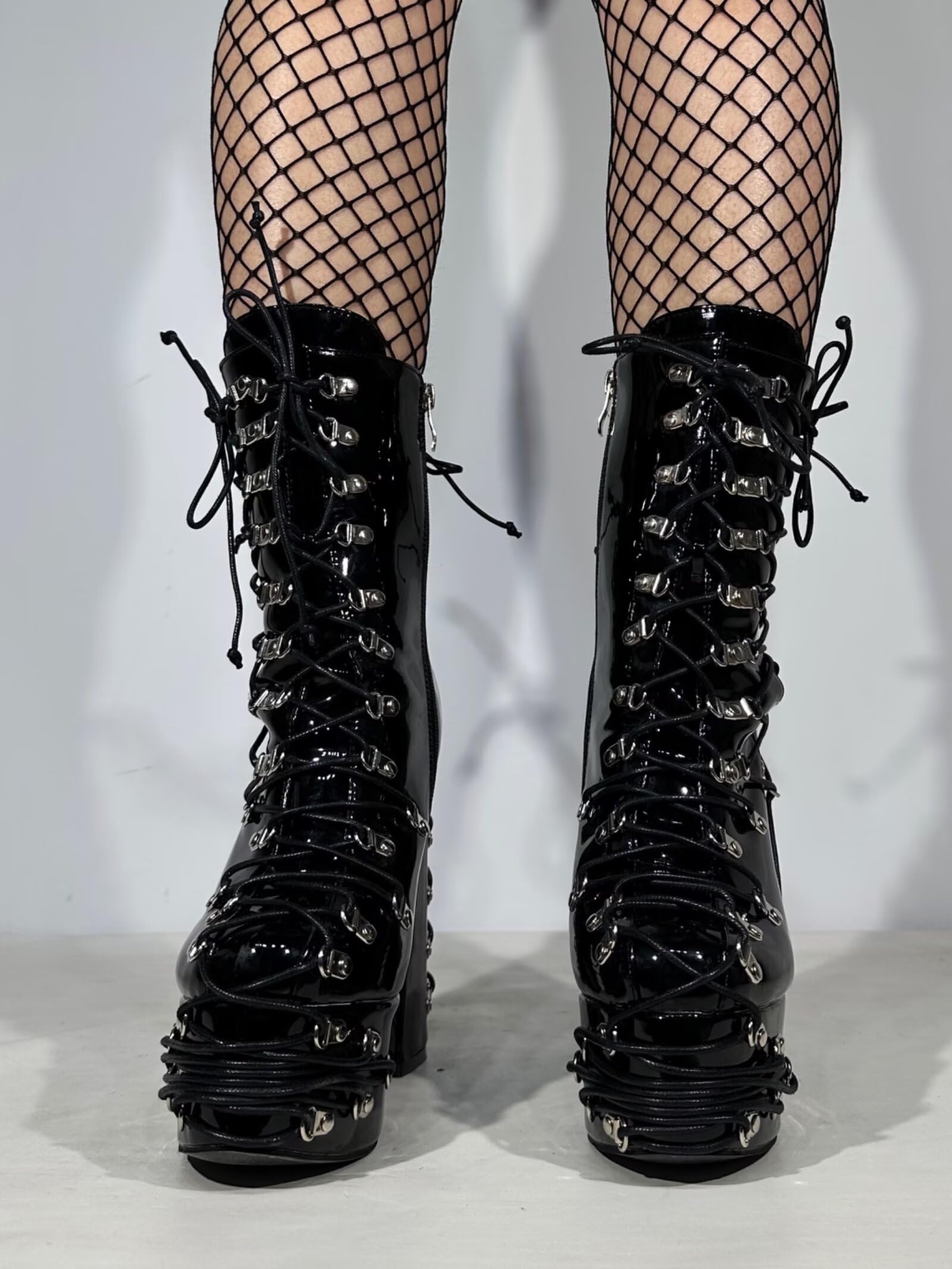 Frankie Hsu Handmade Goth Chunky Platform Ankle High Heeled Bootie, Lace Up Black Patent Silver Buckle Punk Gothic Y2K Hot Cool Girl Big Large Size Shoes For Women Men