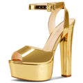 NobleOnly Womens Chunky Block High Platform Heel Peep Open Toe Ankle Strap Slingback Wedding Sandals 5.9 Inches Heels Gold Patent 8 M US