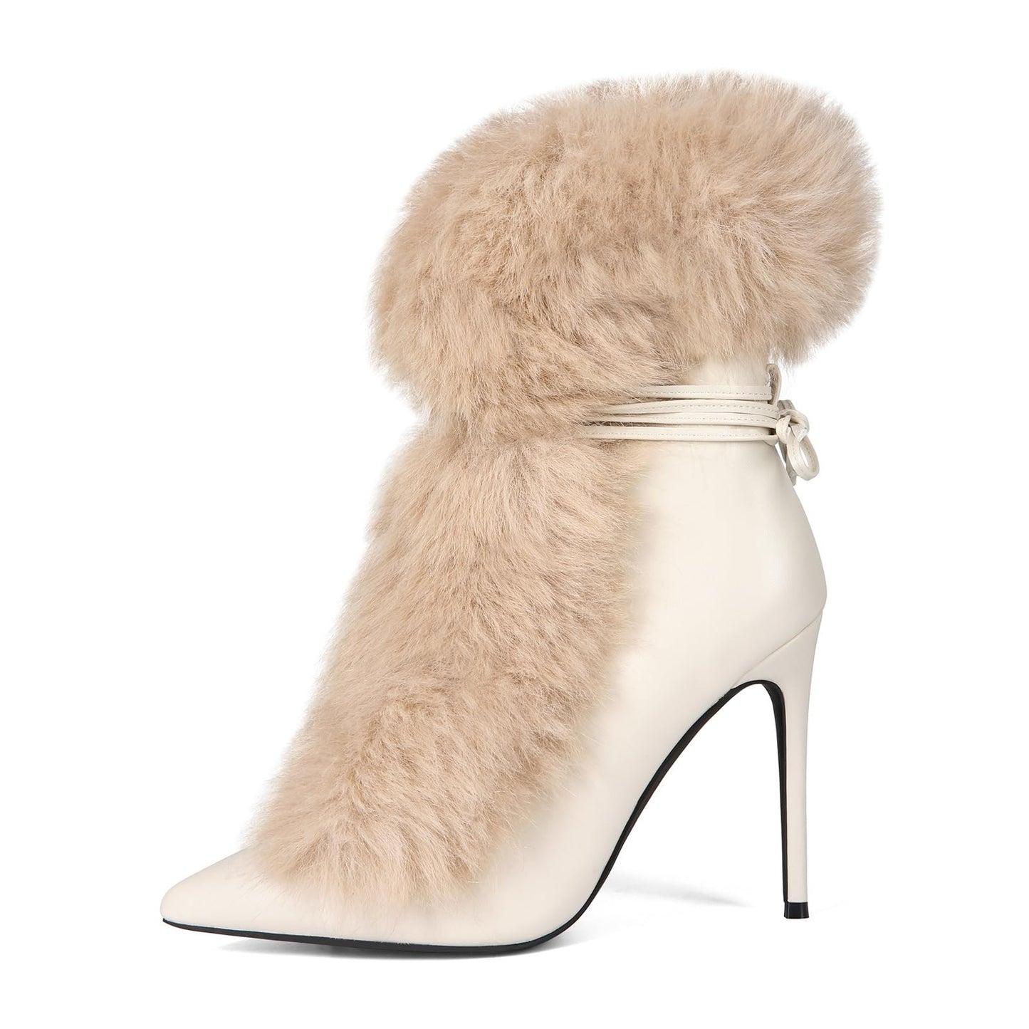 Maiosfy Furry Pointed Stiletto Heels with Straps Large Size Ankle Boots Heavy-Duty Soft Faux Fur Shoes Clubwear for Party Evening Footwear Unisex